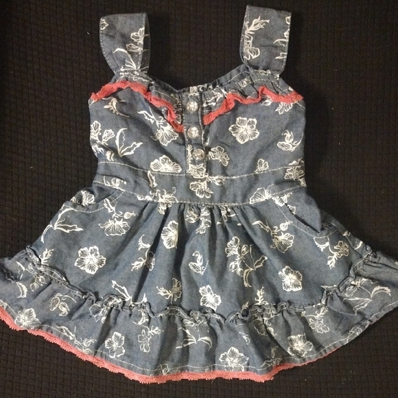 real love Other - Denim Floral Sundress with Pink Lace Trim